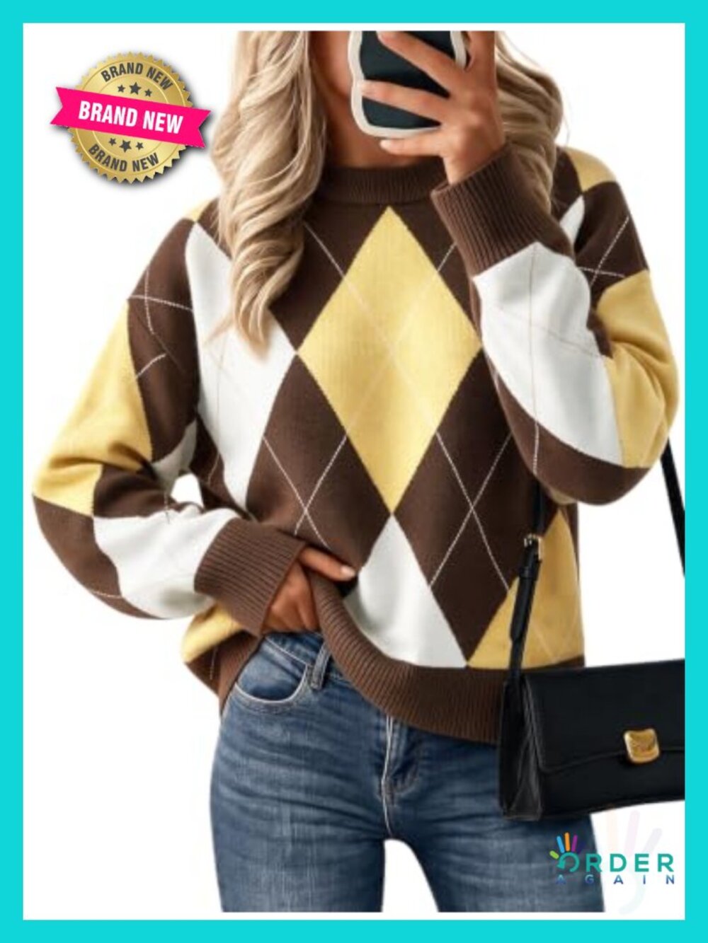 Argyle Color Block Knit Crew Neck Pullover Sweater